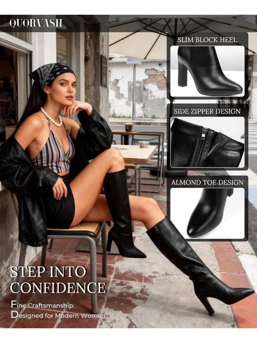 Women's Black Long Elastic Leather Mid Block Heel Pointed Toe Knee High Boots